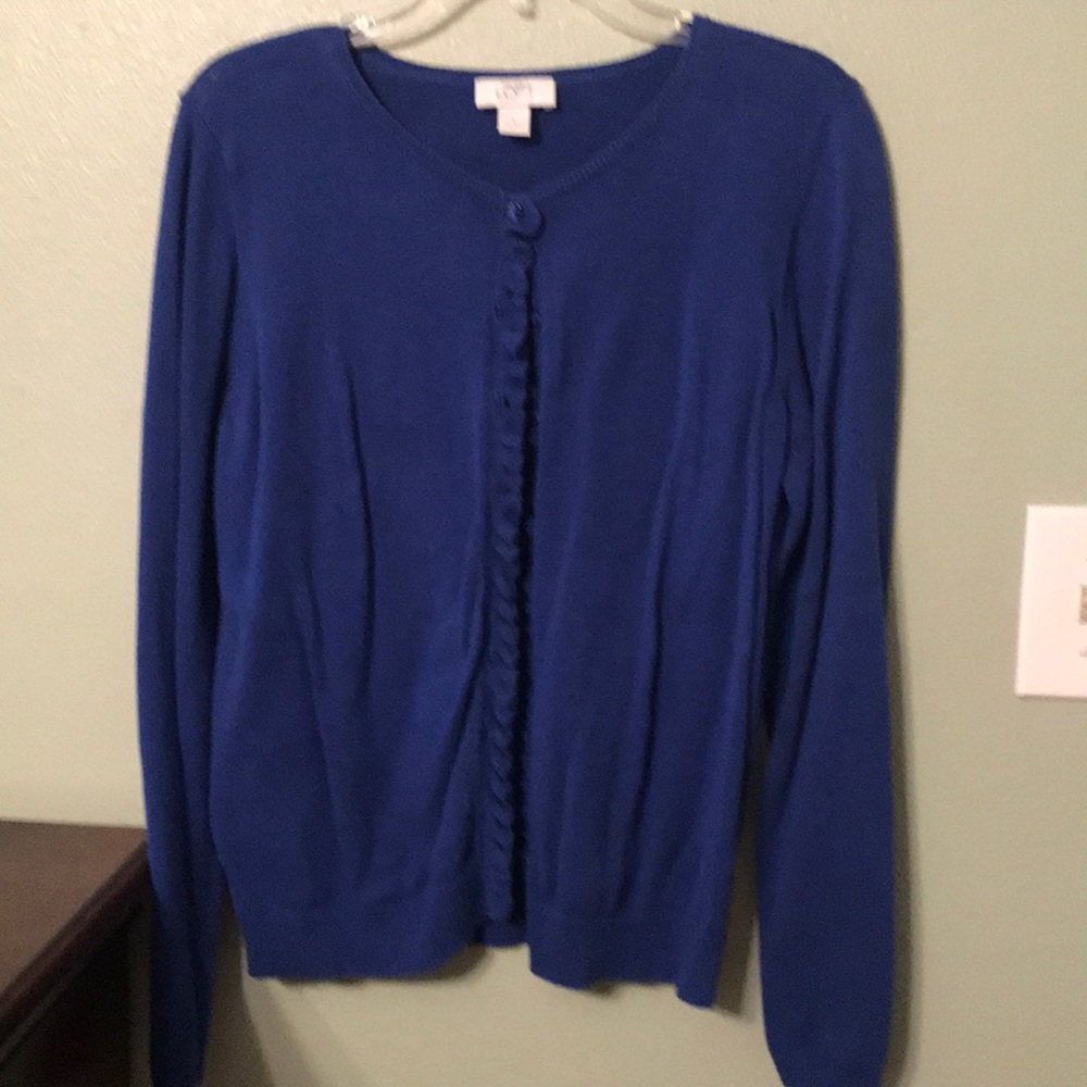 Navy Blue Loft Front Button Sweater w/ Ruffle Sz L